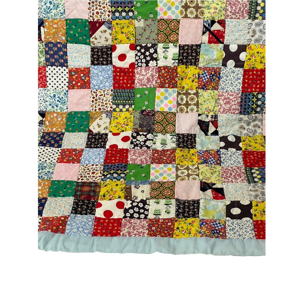 Vintage 1970s Postage Stamp Patchwork Quilt Queen 90x82 Handmade - Picture 3 of 6